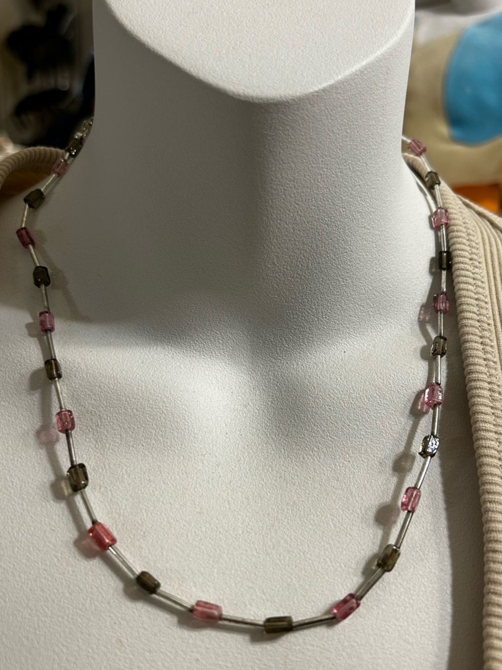 Worthington Pink Gray Beaded Necklace Silver Tone Adjustable